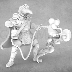 May include: A grayscale 3D model of a plague doctor figure, wearing a long coat, shoulder armor, and a bird-like mask. The figure holds a bucket and a hose connected to a stylized cloud-like form. The image has the text "Grey Ghost Miniatures" and "D Models STL Miniatures".