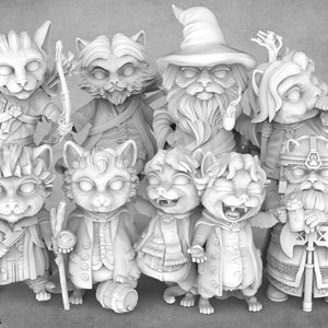May include: A group of 9 white painted figurines of anthropomorphic cats and a dwarf, all standing in a row. The cat figurines are dressed in various fantasy-themed outfits, while the dwarf figurine is wearing a pointed hat and a long beard.