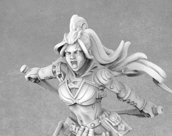 May include: A white 3D printed miniature of a female warrior figure with long flowing hair, wearing a leather outfit and holding a sword.