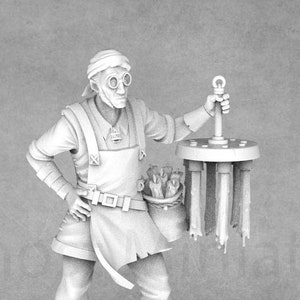 Könnte beinhalten: Eine weiße 3D-gedruckte Miniatur eines Steampunk-Charakters, der eine Gasmaske trägt und ein Werkzeug hält. Der Charakter trägt ein langärmeliges Hemd, eine Schürze und eine Hose. Der Charakter hält ein Werkzeug in der einen Hand und ein Gerät mit mehreren Röhren in der anderen.