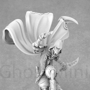 May include: A grey, hooded figure with a long, flowing cape and a serpentine tail. The figure holds a dagger in one hand and a curved blade in the other. The figure is posed in a dynamic, action-ready stance.