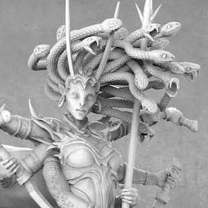 May include: A white 3D printed miniature of a female figure with a serpent head and multiple arms. She is wearing armour and holding weapons. The figure is posed in a dynamic stance, with her cape flowing behind her.