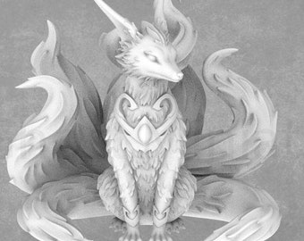 May include: A white, detailed, 3D printed figurine of a nine-tailed fox, also known as a kitsune, sitting with its nine tails curled around it.