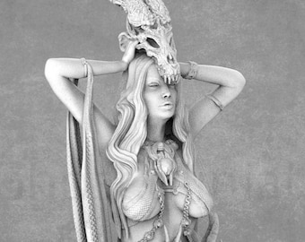 May include: A white resin sculpture of a woman with long flowing hair wearing a dragon skull headdress and ornate jewelry. The sculpture is posed with her arms raised above her head.
