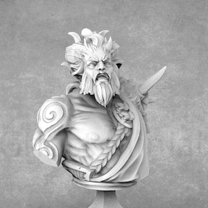 May include: A white 3D printed bust of a horned, bearded figure with a sword in his right hand. The figure is wearing a detailed, flowing garment and has a fierce expression.