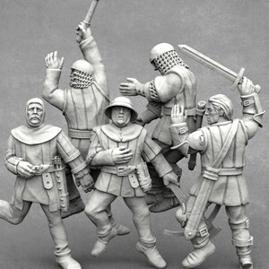 May include: Five miniature figures of medieval warriors in a fighting pose. The figures are made of white plastic and are detailed with weapons and armor.