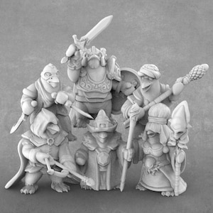 May include: A group of six miniature fantasy figures, each with a unique design and weapon. The figures are made of a white material and are posed in a dynamic group.