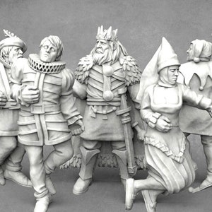 May include: Five white painted miniature figurines of people in medieval clothing. The figures include a king, a jester, a woman, and two men. The figures are posed in a variety of dynamic positions.