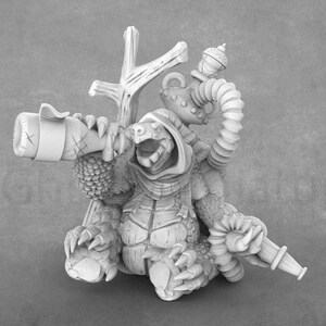 May include: A white 3D printed miniature of a turtle wearing a hooded cloak and holding a telescope. The turtle has a pipe and a branch attached to its shell.