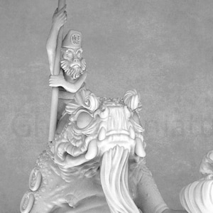 May include: A grayscale 3D model of a fantastical creature. A bearded figure in a hat holds a staff, riding a large, textured monster with a flowing, wave-like appendage. The image includes the text "Cobra Mode Miniatures" and "Patreon.com/cobramode".