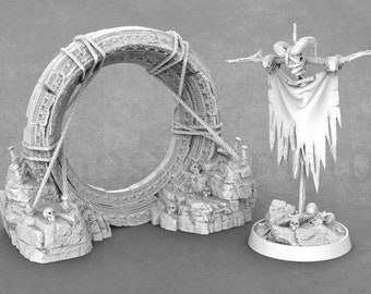 Może przedstawiać: Trójwymiarowa miniatura z druku 3D przedstawiająca kamienny łuk z przewiązaną wokół niego liną oraz szkieletową postać trzymającą strzępiący się sztandar. Miniatura jest pomalowana na jasnoszary kolor.