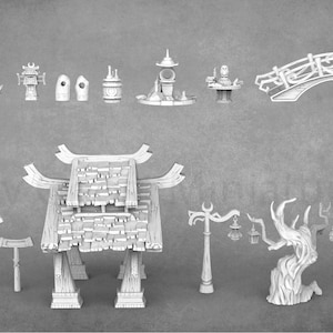 Op de afbeelding: Een set van 3D-geprinte miniatuurmodellen voor tabletop gaming, met een verscheidenheid aan Japanse ge&iuml;nspireerde structuren, waaronder een brug, een torii-poort, een pagode en bomen. De modellen zijn geprint in wit plastic en zijn klaar om te worden geschilderd.