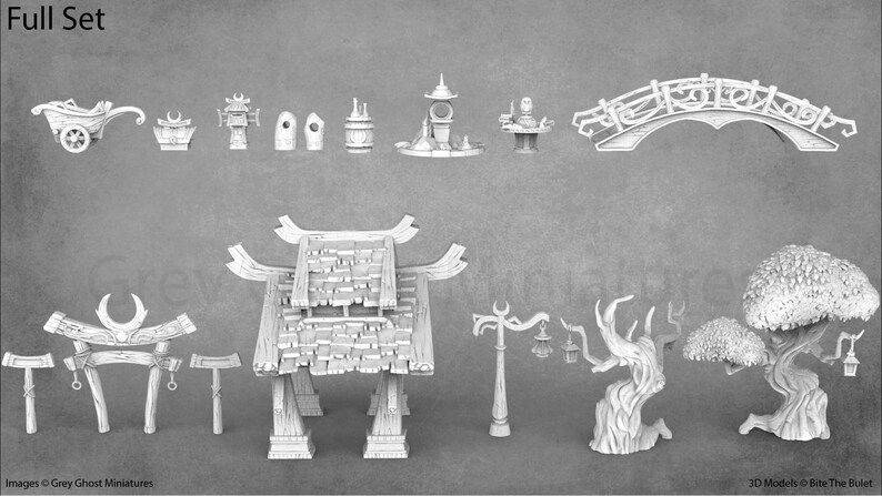 Op de afbeelding: Een set van 3D-geprinte miniatuurmodellen voor tabletop gaming, met een verscheidenheid aan Japanse ge&iuml;nspireerde structuren, waaronder een brug, een torii-poort, een pagode en bomen. De modellen zijn geprint in wit plastic en zijn klaar om te worden geschilderd.