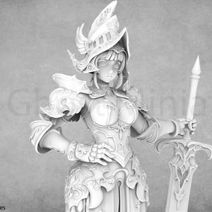 Puede incluir: Modelo 3D en escala de grises de una caballero femenina con armadura ornamentada, sosteniendo una espada y una lanza. La caballero lleva un casco y guanteletes detallados. La imagen incluye el texto "Grey Ghost Miniatures" y "3D Models © Ronin Arts".