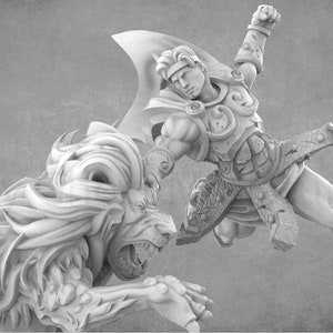 May include: A white, detailed miniature sculpture of a warrior fighting a lion. The warrior is wearing armour and holding a sword. The lion is roaring with its mouth open.
