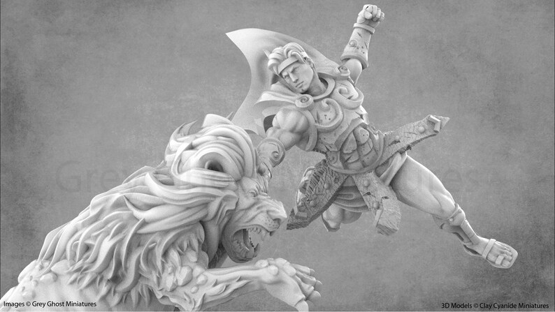 May include: A white, detailed miniature sculpture of a warrior fighting a lion. The warrior is wearing armour and holding a sword. The lion is roaring with its mouth open.
