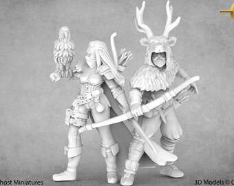 May include: Two miniature figures of a female archer and a male archer, both with bows and arrows. The female archer is holding a small bird on her arm. The figures are painted in a white color.