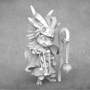 May include: A white, 3D printed miniature of a small, furry creature wearing a dragon-like helmet and holding a staff with a chain and orb. The creature is wearing a cloak and holding a puppet in its hands.