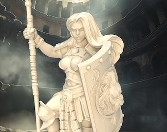May include: A white plastic figurine of a female warrior holding a spear and a shield with a lion's head embossed on it. The warrior is wearing armor and a skirt. The background is a blurry image of a stone structure.