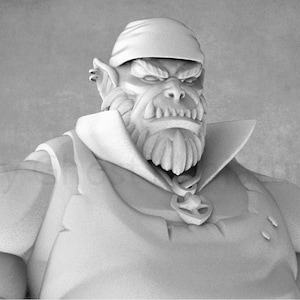Puede incluir: Primer plano de una miniatura gris y detallada de un orco que lleva un pañuelo y una camisa con cuello. El orco tiene barba y una expresión feroz.