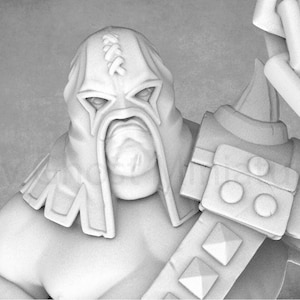 May include: A monochrome 3D-printed miniature of a warrior figure. The figure is wearing a hooded mask with a stylized face, shoulder armour, and holds a chain. The design suggests a fantasy or gaming theme.