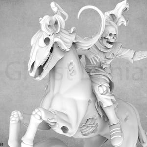 May include: A grayscale 3D-printed miniature of a skeletal knight riding a skeletal horse. The knight holds a sword and a flowing banner. The horse and rider are highly detailed, with visible rib cages and skull features. A fantasy-themed collectible.