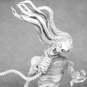 Puede incluir: Una miniatura impresa en 3D en escala de grises de una figura femenina con el pelo largo y suelto. La figura está representada con una soga alrededor del cuello y una expresión facial de angustia. La figura está en una pose con los brazos extendidos y la cabeza echada hacia atrás.