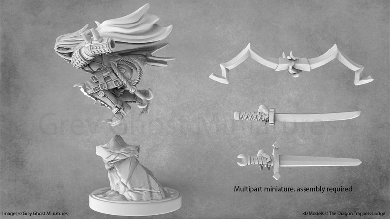 May include: A grey plastic miniature of a hooded figure holding a weapon, with a separate sword and scabbard. The figure is in a jumping pose, with a base included. The text "Multipart miniature, assembly required" is visible at the bottom of the image.