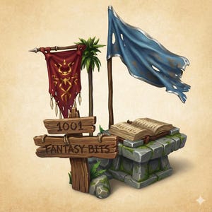May include: An illustration of a fantasy scene with a wooden sign that reads "1001 FANTASY BITS". A red banner with gold accents and a tattered blue flag are displayed. An open book rests on a stone structure.