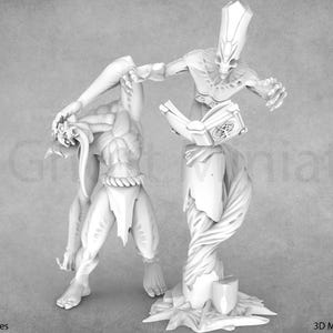 May include: A white painted miniature of a humanoid figure with a book in one hand, holding another humanoid figure by the head. The figure holding the book is standing on a tree trunk base.