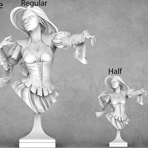 May include: Size reference image showing a white bust sculpture of a woman in a dress, with the words "Regular" and "Half" above the sculptures. A blue ruler is on the right side of the image.