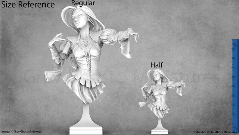 May include: Size reference image showing a white bust sculpture of a woman in a dress, with the words "Regular" and "Half" above the sculptures. A blue ruler is on the right side of the image.