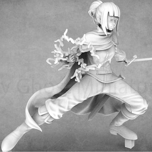 May include: A white 3D printed miniature of a female figure in a fantasy setting. She is wearing a long coat and holding a sword in one hand and a glowing orb in the other. The miniature is posed in a dynamic action pose.
