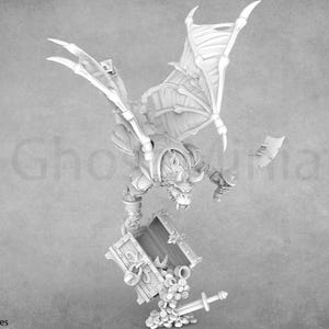 May include: A white, detailed miniature of a winged creature with a large axe, holding a treasure chest with coins spilling out. The creature has a sharp beak and claws.
