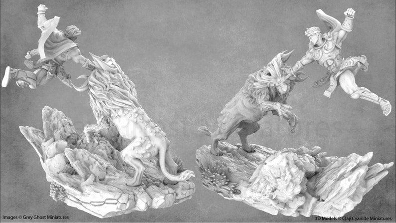 May include: A white 3D printed miniature of a warrior battling a monstrous beast. The warrior is leaping through the air, sword raised, while the beast lunges forward with its claws extended. Both figures are posed on rocky bases.