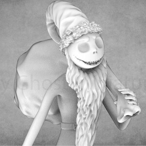May include: A black and white 3D printed model of a skeletal figure dressed as Santa Claus. The figure is holding a sack of gifts and has a long white beard.