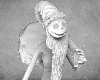May include: A black and white 3D printed model of a skeletal figure dressed as Santa Claus. The figure is holding a sack of gifts and has a long white beard.