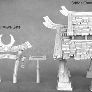 Op de afbeelding: Twee 3D-geprinte miniatuurmodellen van Japanse architectuur. De eerste is een Torii Miwa Gate, een traditionele Japanse poort, met een halve maan ontwerp op de bovenkant. De tweede is een Bridge Cover, een kleine dakconstructie met een rieten dak.