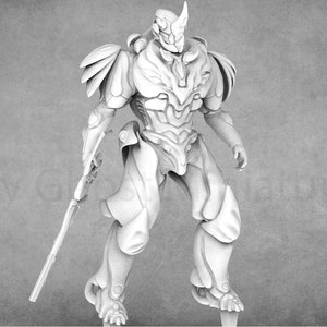 May include: A white, detailed, 3D printed miniature of a humanoid figure wearing armor and wielding a sword. The figure has a horned helmet and a futuristic design.