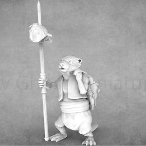 May include: A white painted miniature figurine of an otter wearing a vest and holding a spear with a fish head on top. The otter is carrying a bag on its back.