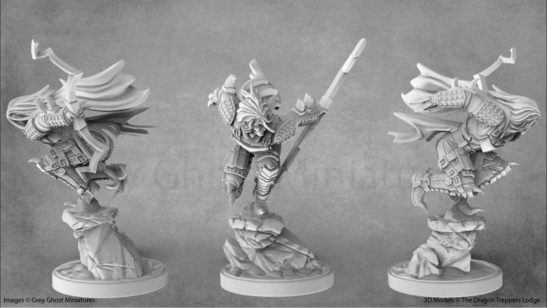 May include: A 3D printed miniature of a hooded figure in a dynamic pose, wearing armor and holding a weapon. The figure is standing on a rocky base.