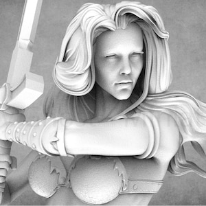 May include: A white, detailed, 3D printed miniature of a female warrior holding a sword. The warrior has long, flowing hair and is wearing armor. The miniature is set against a gray background.