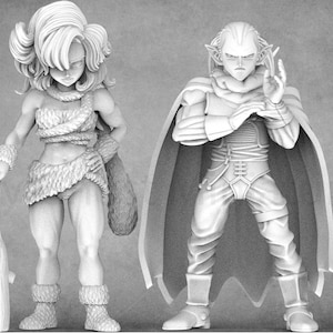 Puede incluir: Dos figuras pintadas, una femenina con un garrote y la otra masculina con una capa, ambas en un esquema de colores blanco, gris y negro.