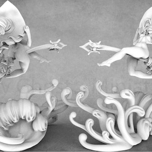 May include: A white 3D printed model of a female figure with long flowing hair, riding a fantastical creature with a long, flowing tail. The figure is holding a staff in each hand. The model is set against a gray background.