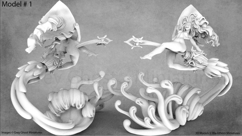 May include: A white 3D printed model of a female figure with long flowing hair, riding a fantastical creature with a long, flowing tail. The figure is holding a staff in each hand. The model is set against a gray background.
