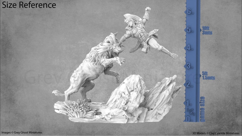 May include: A white miniature figurine of a warrior fighting a wolf-like creature. The miniature is set on a rocky base and is approximately 7.5 cm tall.