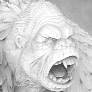 May include: A close-up of a white, 3D printed model of a gorilla with its mouth open, showing its teeth. The gorilla has a textured, furry face and is wearing a decorative, patterned armor.