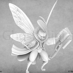 May include: A grayscale 3D model of a fairy-like figure with large, detailed wings, holding a book and a sword. The figure is wearing a ruffled collar and puffy trousers. The image has the text "Grey Ghost Miniatures" and "Cobramode Miniatures".