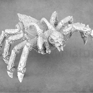 Puede incluir: Una araña mecánica blanca, detallada, con ocho patas y un cuerpo segmentado. La araña tiene un diseño complejo con engranajes y otros detalles intrincados.