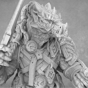 May include: A detailed, grey, 3D printed miniature of a dragon-like creature wearing armour and holding a sword. The creature has scales, horns, and sharp teeth. The miniature is a fantasy character for tabletop gaming.